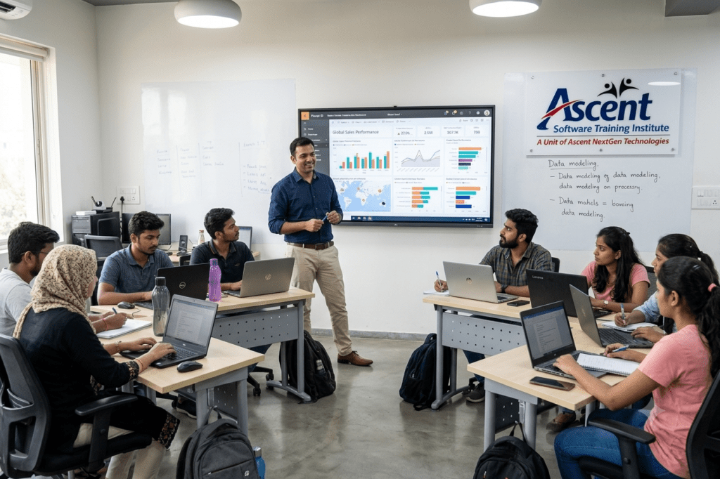Trainer teaching Power BI dashboards at a data analyst training institute in Bangalore, BTM Layout classroom
