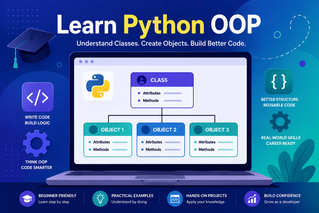 Educational graphic titled “Learn Python OOP” with the subtitle “Understand Classes. Create Objects. Build Better Code.” A laptop screen illustrates a class connected to three objects, each with attributes and methods. Surrounding icons represent coding, gears, reusable code, and career-ready skills. A bottom banner highlights beginner-friendly lessons, practical examples, hands-on projects, and building confidence.