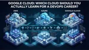 An isometric infographic comparing cloud computing infrastructure for AWS, Azure, and Google Cloud, featuring a central DevOps pipeline with glowing data streams connecting tools like Git, CI/CD, Docker, Kubernetes, and Terraform across all three platforms